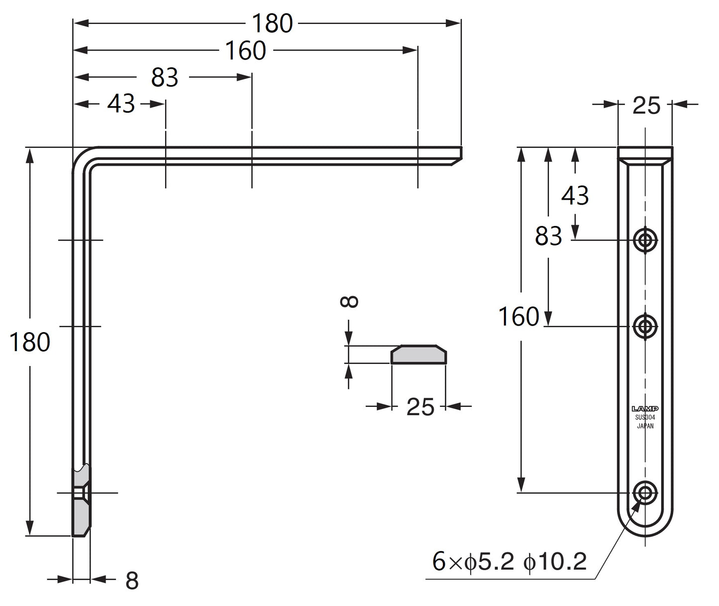 2 Stück korrosionsbeständiger robuster Montagewinkel, aus massivem rostfreiem Edelstahl, Tragkraft: 28 kg, Oberfläche: glänzend poliert, 180 mm (7,1″), XL-SA01-180M. Regalwinkel für Regalboden und viel mehr, von Sugatsune / LAMP® (Japan)