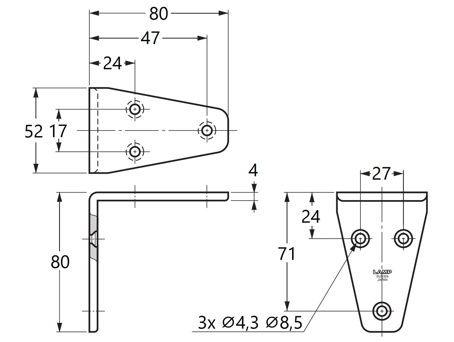 2 Stück korrosionsbeständiger robuster Montagewinkel, aus massivem rostfreiem Edelstahl, Tragkraft: 28 kg, Oberfläche: glänzend poliert, SV-80M. Regalwinkel für Trennwand, Regalboden und viel mehr, von Sugatsune / LAMP® (Japan)