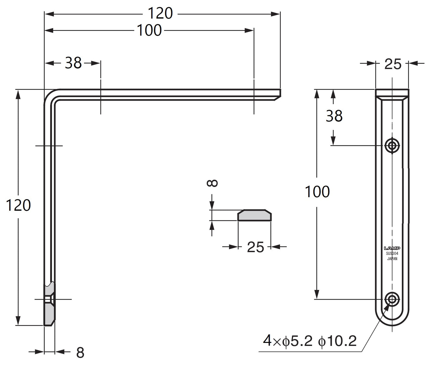 2 Stück korrosionsbeständiger robuster Montagewinkel, aus massivem rostfreiem Edelstahl, Tragkraft: 46 kg, Oberfläche: satiniert matt, 120 mm (4,8″), XL-SA01-120S. Regalwinkel für Regalboden und viel mehr, von Sugatsune / LAMP® (Japan)