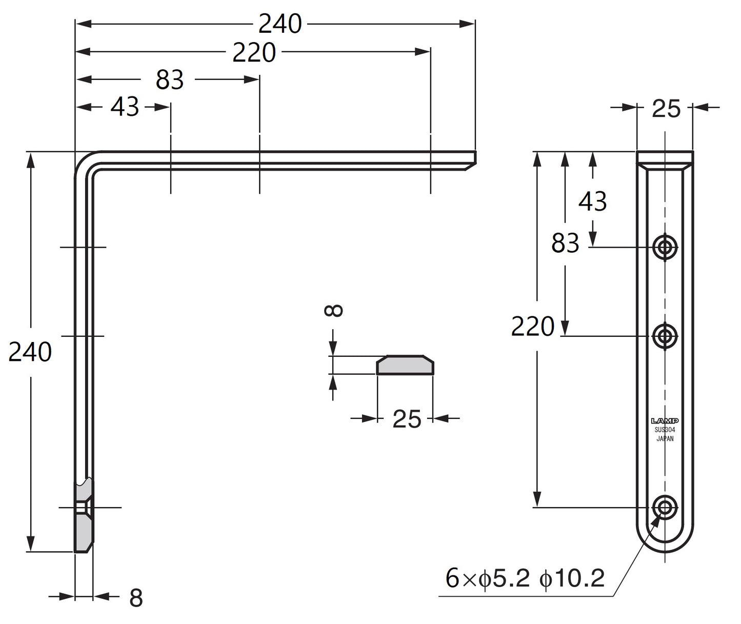 2 Stück korrosionsbeständiger robuster Montagewinkel, aus massivem rostfreiem Edelstahl, Tragkraft: 24 kg, Oberfläche: satiniert matt, 240 mm (9,5″), XL-SA01-240S. Regalwinkel für Regalboden und viel mehr, von Sugatsune / LAMP® (Japan)