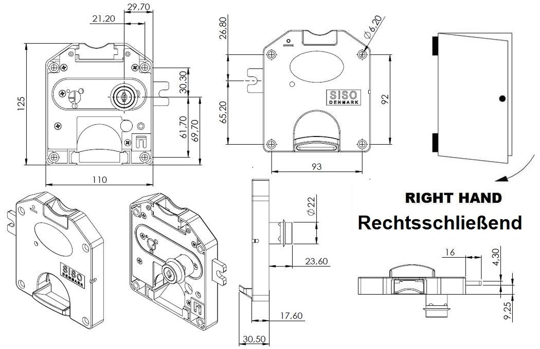 Münzpfandschloss mit CHF 1.- Einwurf, inkl. 2 Schlüsseln, Oberfläche: dunkelgrau, 110 mm (4,4″), Ausführung: rechtsschließend, 14.60.250-C. Spindschloss für Spind, Umkleidespind, Schulspind, Umkleideschrank und viel mehr, von SISO Denmark