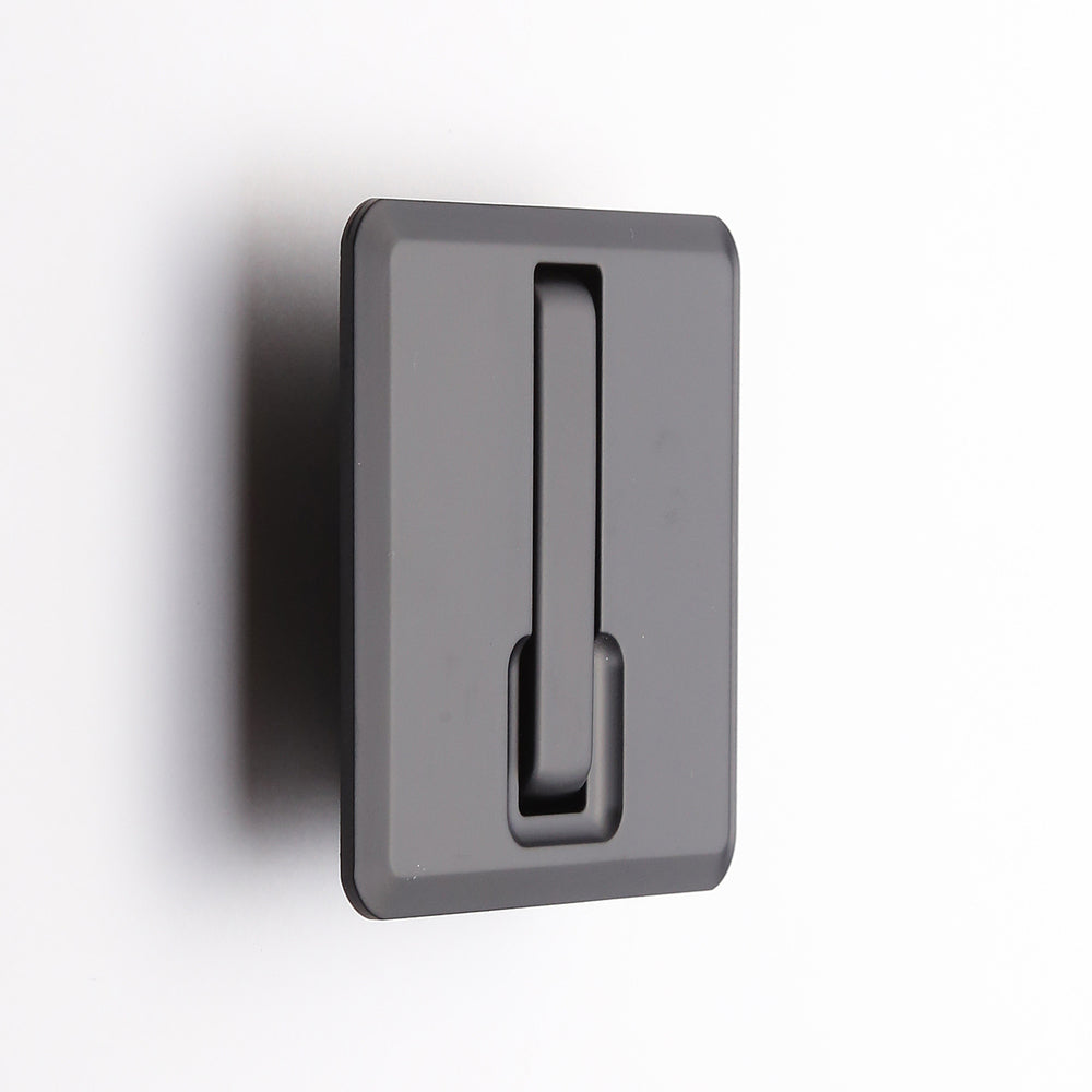 High-quality square spring-loaded folding hook for recessed installation, finish: black, satin matte, 64 mm (2.6"), NF-K64-BL. Square folding hook with automatic closing, for tiny houses, mobile homes, yachts, and much more, from Sugatsune / LAMP® (Japan)