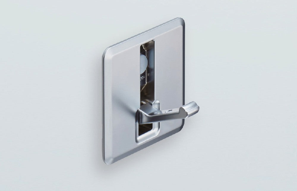 High-quality square spring-loaded folding hook for recessed installation, surface: chrome-plated, 52 mm (2.1"), NF-K52-CR. Square folding hook with automatic closing, for tiny houses, mobile homes, yachts, and much more, from Sugatsune / LAMP® (Japan)