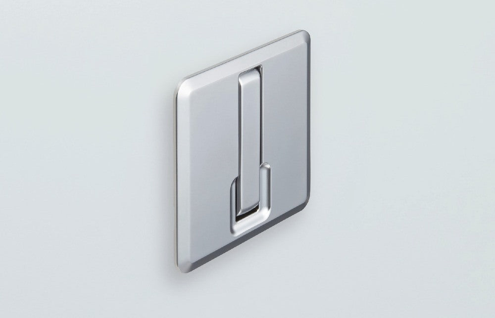 High-quality square spring-loaded folding hook for recessed installation, surface: chrome-plated, 52 mm (2.1"), NF-K52-CR. Square folding hook with automatic closing, for tiny houses, mobile homes, yachts, and much more, from Sugatsune / LAMP® (Japan)