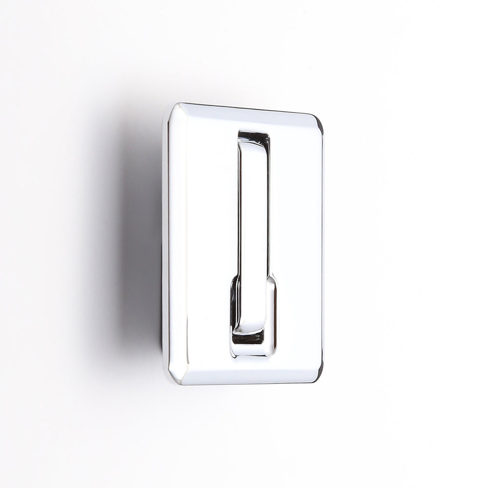 High-quality square spring-loaded folding hook for recessed installation, surface: chrome-plated, 52 mm (2.1"), NF-K52-CR. Square folding hook with automatic closing, for tiny houses, mobile homes, yachts, and much more, from Sugatsune / LAMP® (Japan)