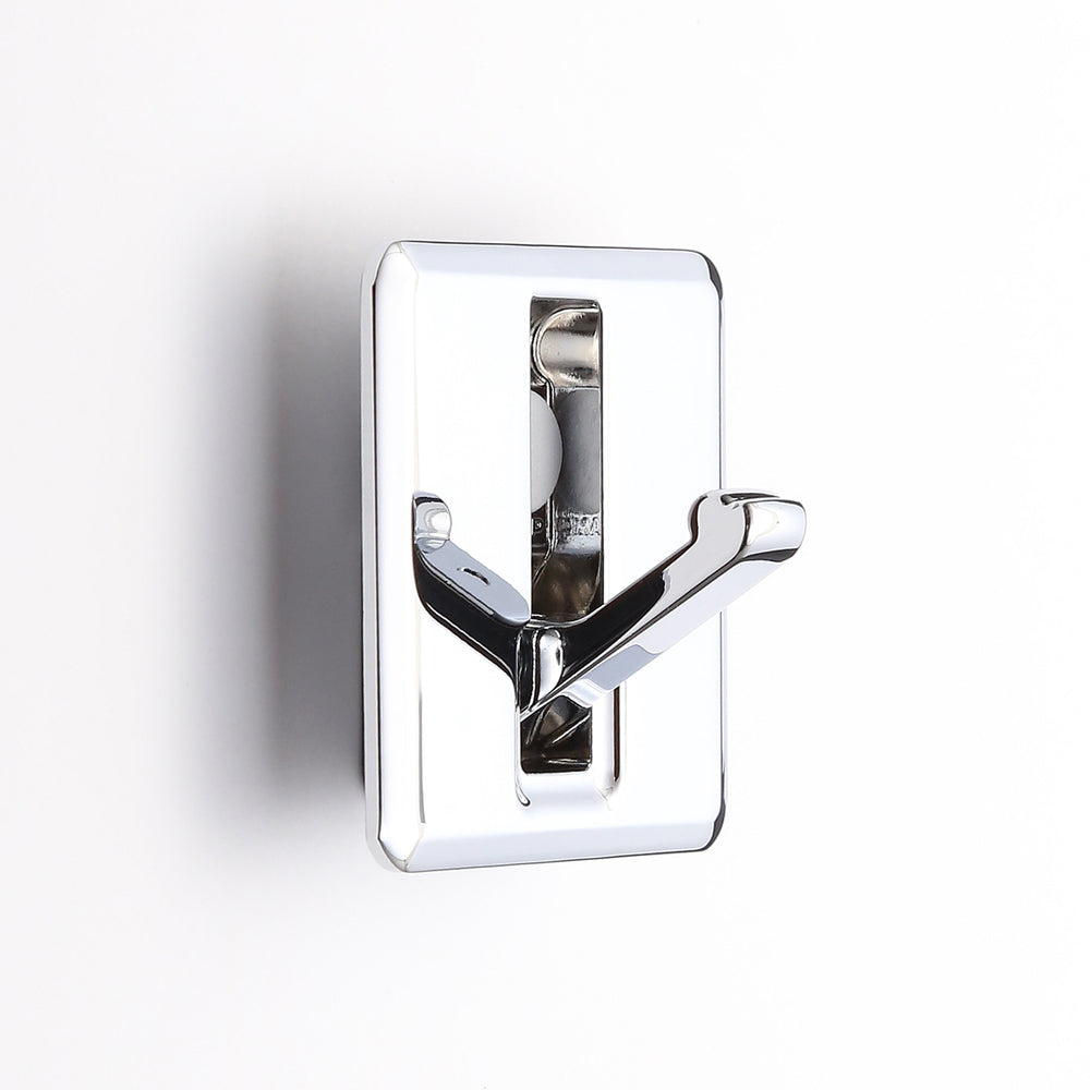 High-quality square spring-loaded folding hook for recessed installation, surface: chrome-plated, 52 mm (2.1"), NF-K52-CR. Square folding hook with automatic closing, for tiny houses, mobile homes, yachts, and much more, from Sugatsune / LAMP® (Japan)