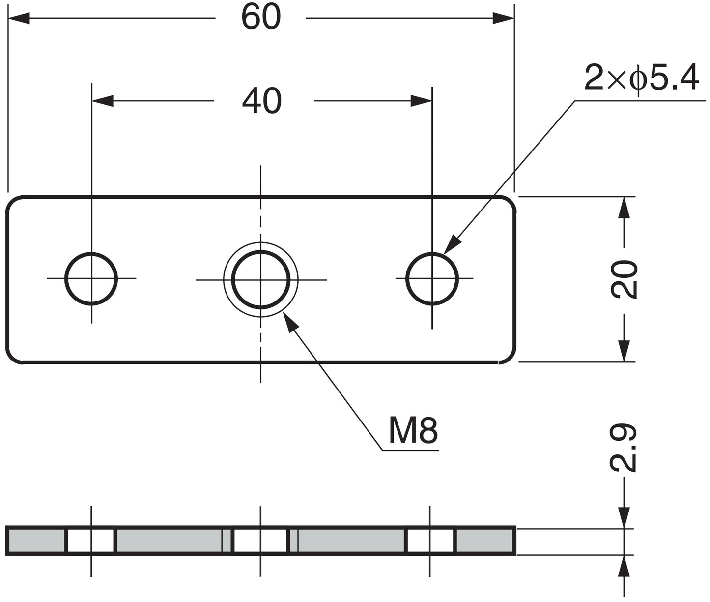 4 rectangular screw-on plates with M8 thread, mounting plate, made of solid zinc alloy, 60 mm (2.4"), AD-561. Mounting plate, for furniture feet, furniture casters, machine feet, cabinet legs, sofa feet, and much more, from Sugatsune / LAMP® (Japan)