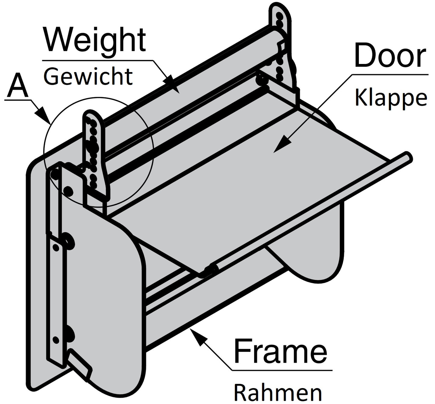 Hochwertige rechteckige Müllklappe für schräge (45° - 85°) Montage, mit Soft-Close, aus rostfreiem Edelstahl, 234 mm (9,3″), AZ-GD232-HL. Edelstahlmüllklappe, für Gastronomie, Ladenbau, Profiküche und viel mehr, von Sugatsune / LAMP® (Japan)