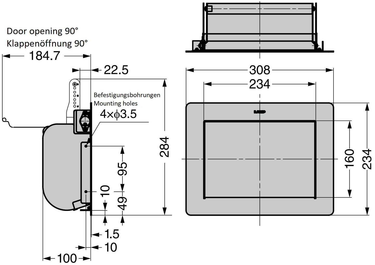 Hochwertige rechteckige Müllklappe für schräge (45° - 85°) Montage, mit Soft-Close, aus rostfreiem Edelstahl, 234 mm (9,3″), AZ-GD232-HL. Edelstahlmüllklappe, für Gastronomie, Ladenbau, Profiküche und viel mehr, von Sugatsune / LAMP® (Japan)