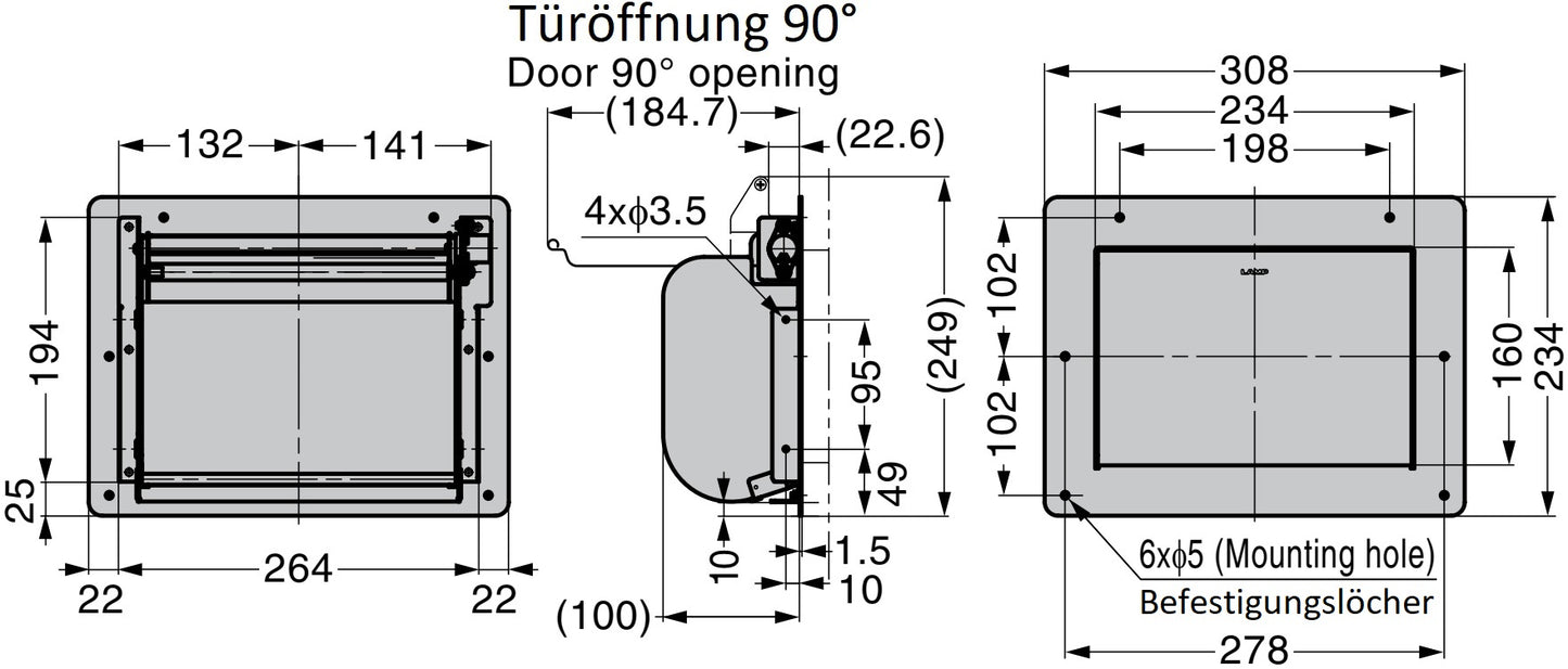 Hochwertige rechteckige Müllklappe für die senkrechte Montage, mit Soft-Close, aus rostfreiem Edelstahl, Ausführung: Innenmontage, AZ-GD231-HL. Edelstahlmüllklappe, für Gastronomie und viel mehr, von Sugatsune / LAMP® (Japan)