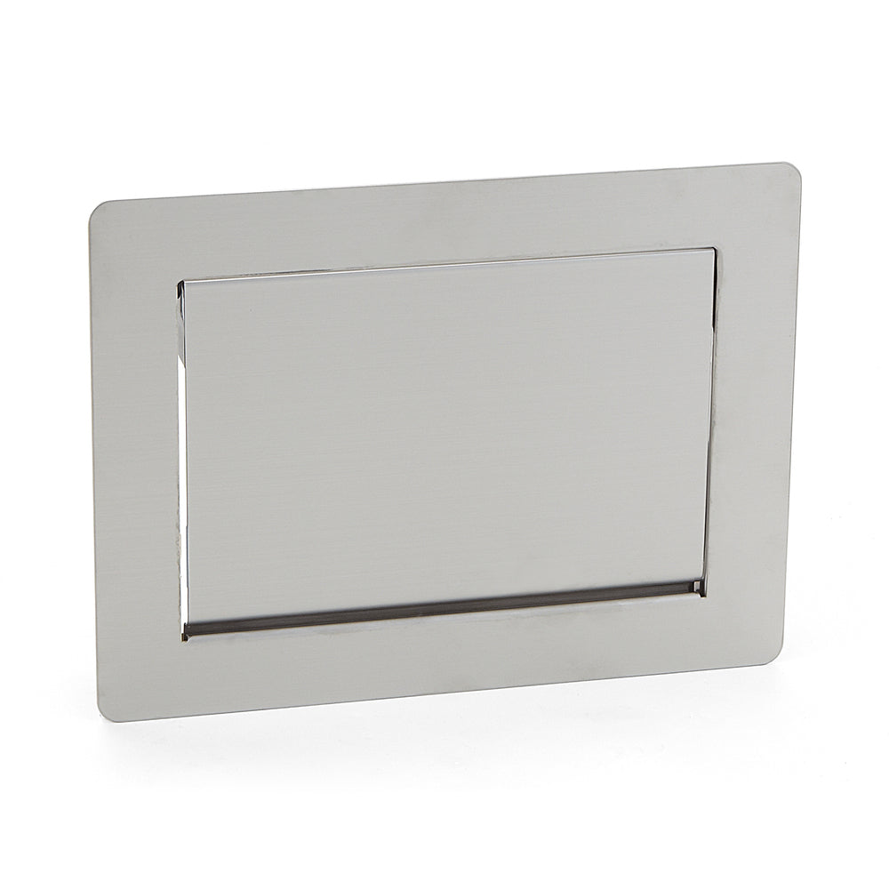 Hochwertige rechteckige Müllklappe für die senkrechte Montage, mit Soft-Close, aus rostfreiem Edelstahl, Oberfläche: satiniert matt, 234 mm (9,3″), AZ-GD230-HL. Edelstahlmüllklappe, für Gastronomie und viel mehr, von Sugatsune / LAMP® (Japan)