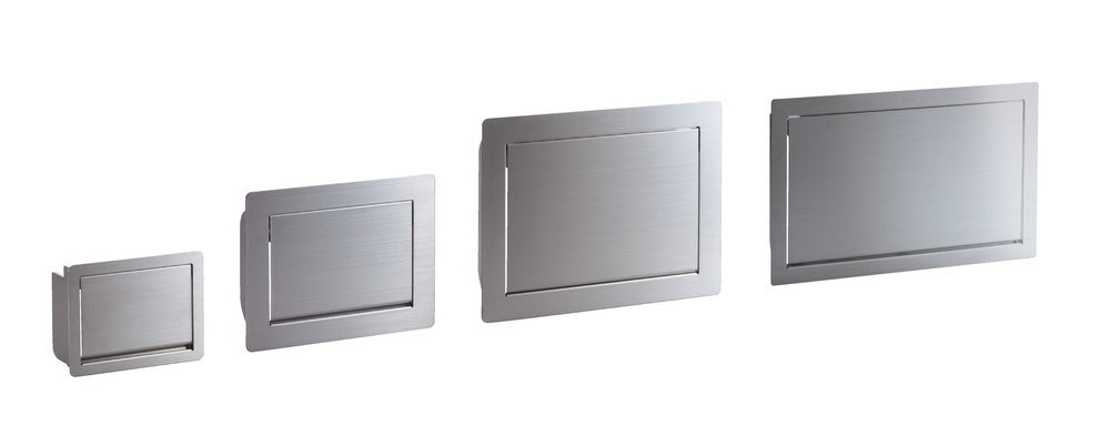 Hochwertige rechteckige Müllklappe für die senkrechte Montage, mit Soft-Close, aus rostfreiem Edelstahl, Oberfläche: satiniert matt, 234 mm (9,3″), AZ-GD230-HL. Edelstahlmüllklappe, für Gastronomie und viel mehr, von Sugatsune / LAMP® (Japan)