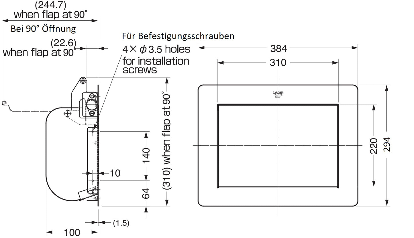 Hochwertige rechteckige Müllklappe für die senkrechte Montage, mit Soft-Close, aus rostfreiem Edelstahl, Oberfläche: satiniert matt, 310 mm (12,3″), AZ-GD310-HL. Edelstahlmüllklappe, für Gastronomie und viel mehr, von Sugatsune / LAMP® (Japan)