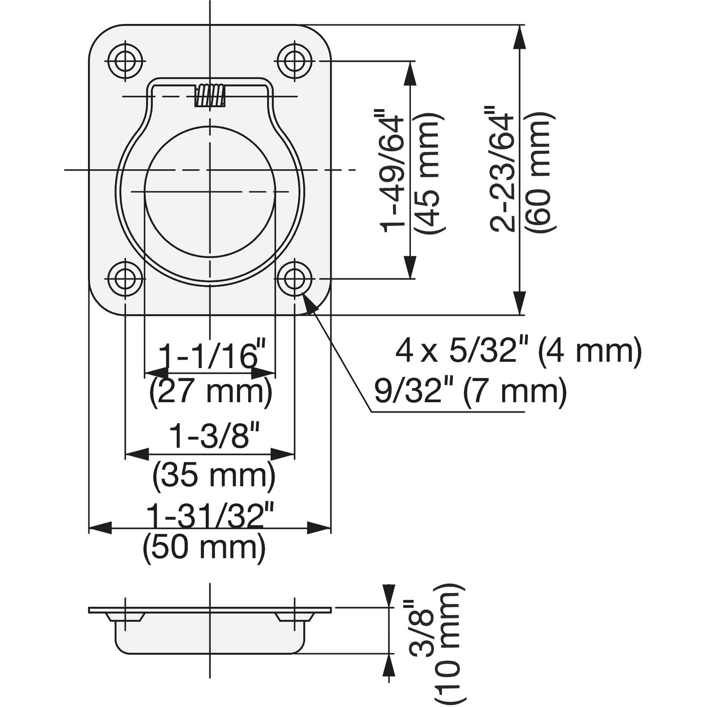 Ringförmiger Edelstahl-Klappgriff SUS304, 50 mm (2″) 980642. Ringförmiger Edelstahl-Klappgriff aus rostfreiem Edelstahl V2A, glänzend poliert, für Revisionsklappe, Revisionstür, feuchte Umgebung, Schiff, Caravan von Sugatsune / LAMP® (Japan)