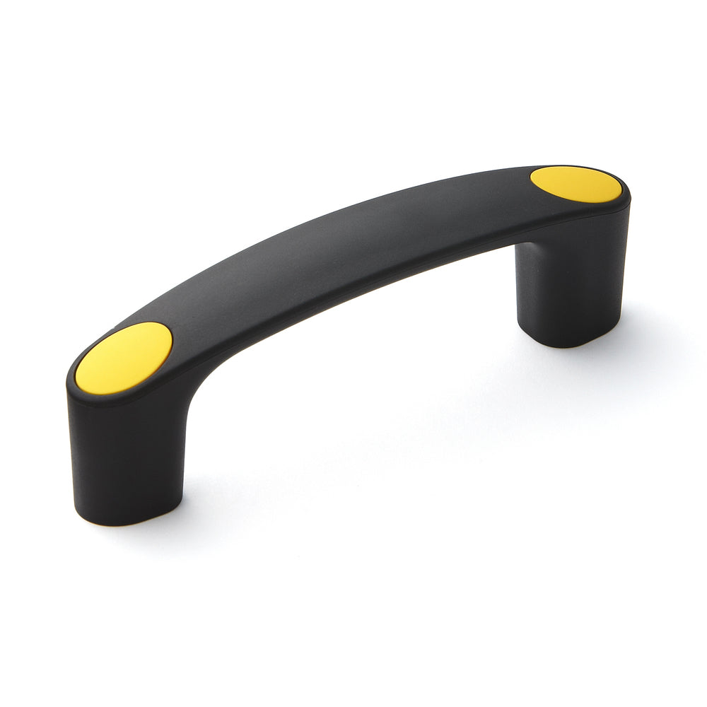 High-quality, robust tool handle made of reinforced nylon, black with yellow cover caps, 120 mm (4.8") MJH-120-YE. Machine handle MJH-120-YE for industrial cabinets, production equipment, and mechanical engineering, from Sugatsune / LAMP® (Japan)