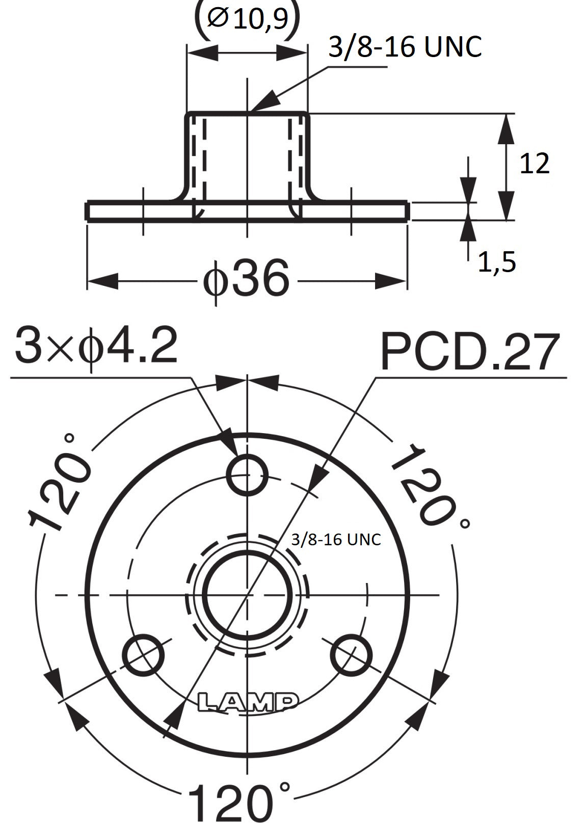 4 Stück runde Montageplatte mit 3/8-16 UNC Gewinde, Befestigungsplatte, aus rostfreiem Edelstahl, 36 mm (1,5″), AP36-N3. Anschraubplatte, für Möbelfüße, Möbelrollen, Maschinenfüße, Schrankbeine, Sofafüße und viel mehr, von Sugatsune / LAMP® (Japan)