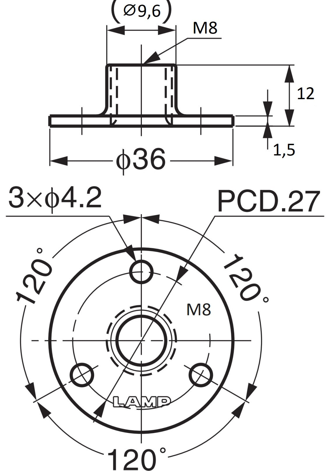 4 pieces round mounting plate with M8 thread, fastening plate, made of stainless steel, 36 mm (1.5"), AP36-M8. Screw-on plate, for furniture feet, furniture casters, machine feet, cabinet legs, sofa feet, and much more, from Sugatsune / LAMP® (Japan)