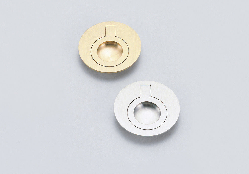 Round brass folding handle, satin finish, 51.2 mm (2.1") 580-SB. Ring handle 580-SB for RV, boat, inspection hatch, inspection door, by Sugatsune / LAMP® (Japan)