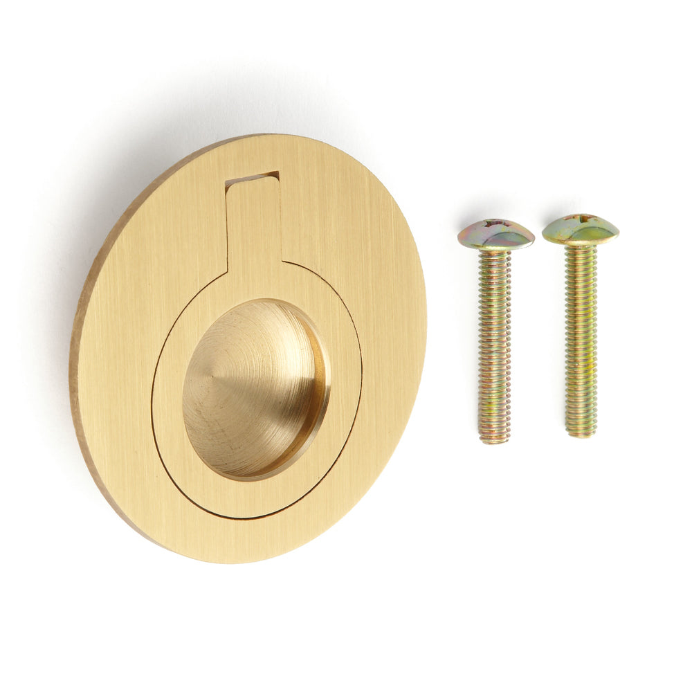 Round brass folding handle, satin finish, 51.2 mm (2.1") 580-SB. Ring handle 580-SB for RV, boat, inspection hatch, inspection door, by Sugatsune / LAMP® (Japan)