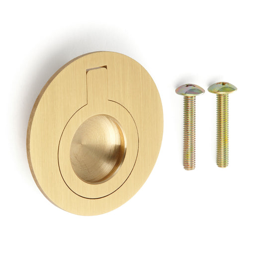 Round brass folding handle, satin finish, 51.2 mm (2.1") 580-SB. Ring handle 580-SB for RV, boat, inspection hatch, inspection door, by Sugatsune / LAMP® (Japan)