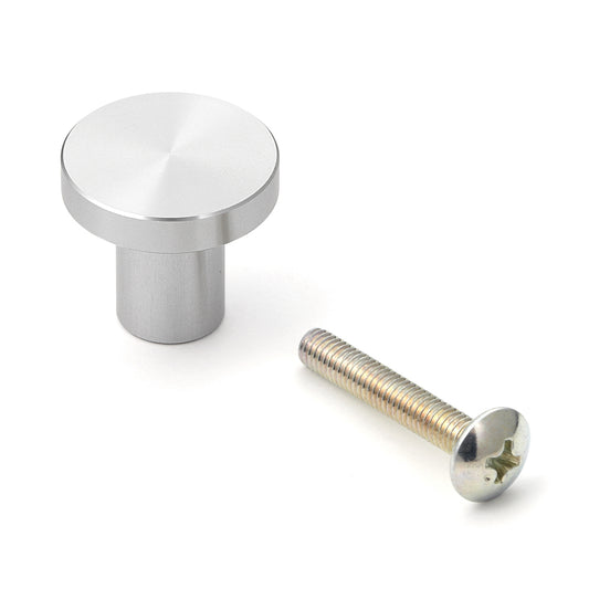 Round aluminum alloy furniture knob handle, finish: stainless steel look, 20 mm (0.8") EXSEL20. KK-B20SBR aluminum alloy handle for drawers, furniture doors, kitchen cabinets, office cabinets, and much more, from Sugatsune / LAMP® (Japan)