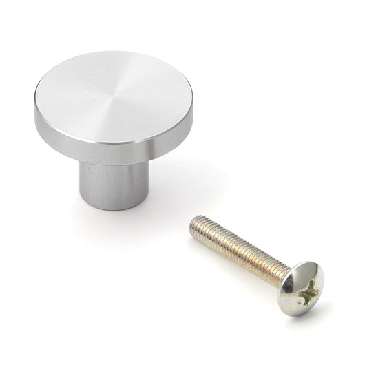 Round aluminum alloy furniture knob handle, surface: stainless steel look, 25 mm (1") EXSEL25. Aluminum alloy handle knob for drawers, furniture doors, kitchen cabinets, office cabinets, and much more, from Sugatsune / LAMP® (Japan)