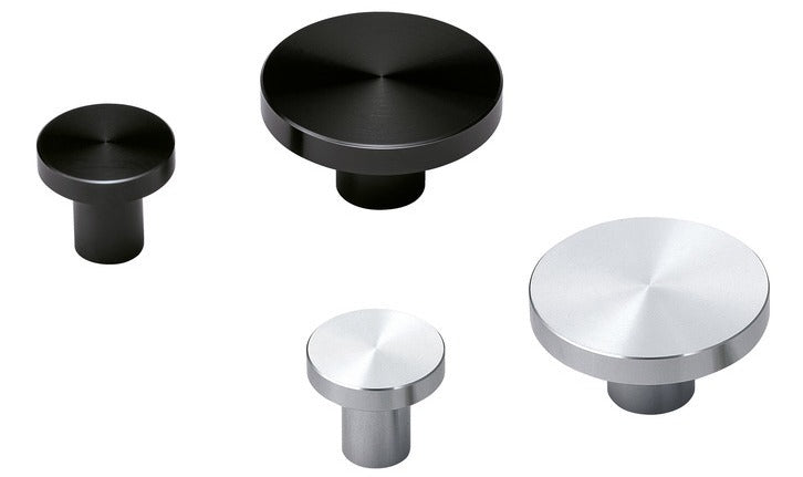Round aluminum alloy furniture knob handle, surface: stainless steel look, 30 mm (1.2") EXSEL30. Aluminum alloy handle knob for drawers, furniture doors, kitchen cabinets, office cabinets, and much more, from Sugatsune / LAMP® (Japan)