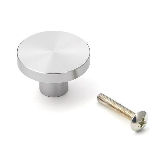 Round aluminum alloy furniture knob handle, surface: stainless steel look, 30 mm (1.2") EXSEL30. Aluminum alloy handle knob for drawers, furniture doors, kitchen cabinets, office cabinets, and much more, from Sugatsune / LAMP® (Japan)