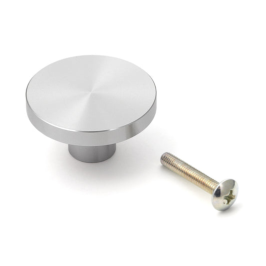 Round aluminum alloy furniture knob handle, surface: stainless steel look, 35 mm (1.4") EXSEL35. Aluminum alloy handle knob for drawers, furniture doors, kitchen cabinets, office cabinets, and much more, from Sugatsune / LAMP® (Japan)