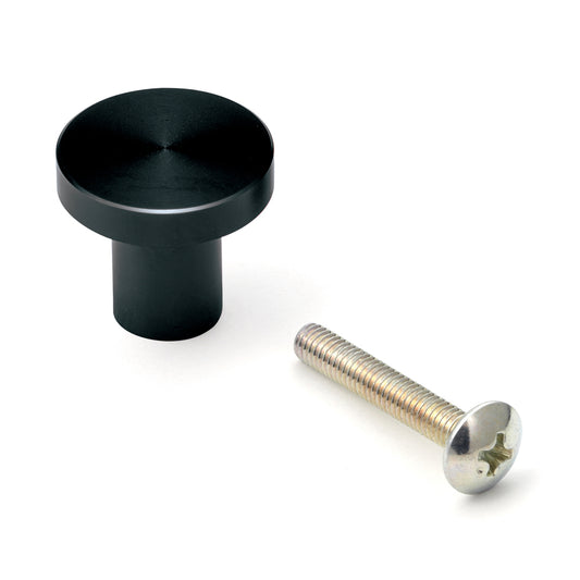 Round aluminum alloy furniture knob handle, finish: black, 20 mm (0.8") EXSEL20BL. Aluminum alloy handle knob for drawers, furniture doors, kitchen cabinets, office cabinets, and much more, from Sugatsune / LAMP® (Japan)