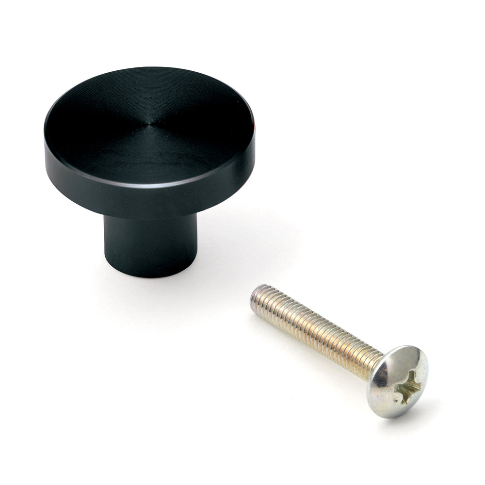 Round aluminum alloy furniture knob handle, finish: black, 25 mm (1") EXSEL25BL. Aluminum alloy handle knob for drawers, furniture doors, kitchen cabinets, office cabinets, and much more, from Sugatsune / LAMP® (Japan)