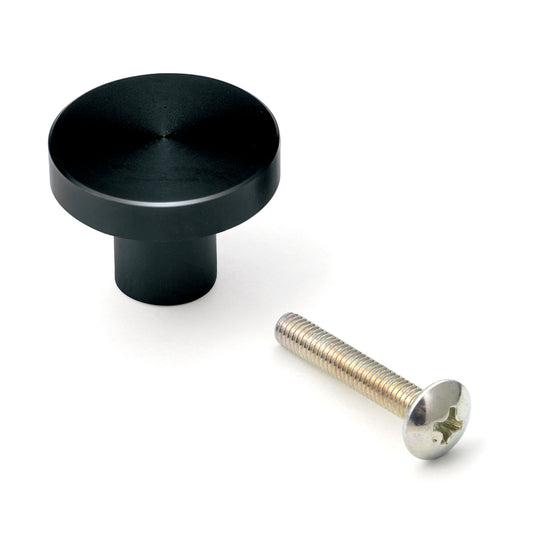 Round aluminum alloy furniture knob handle, finish: black, 25 mm (1") EXSEL25BL. Aluminum alloy handle knob for drawers, furniture doors, kitchen cabinets, office cabinets, and much more, from Sugatsune / LAMP® (Japan)