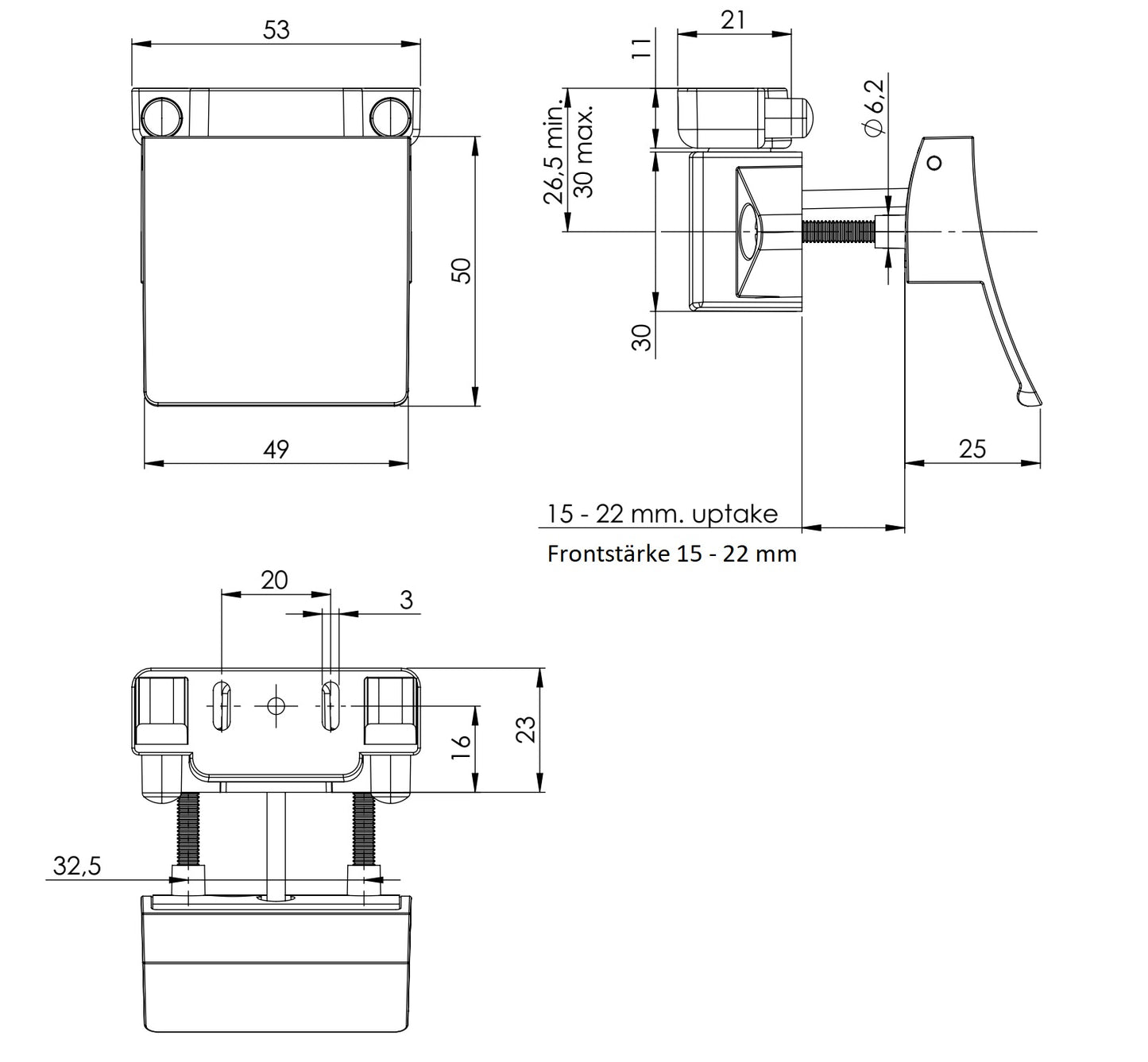 Robust snap lock with lifting handle, made of Zamak, surface: black, design: square, 14.03.076-0. Lifting handle with self-locking lock and soft-close for caravans, yachts, and much more, from SISO Denmark