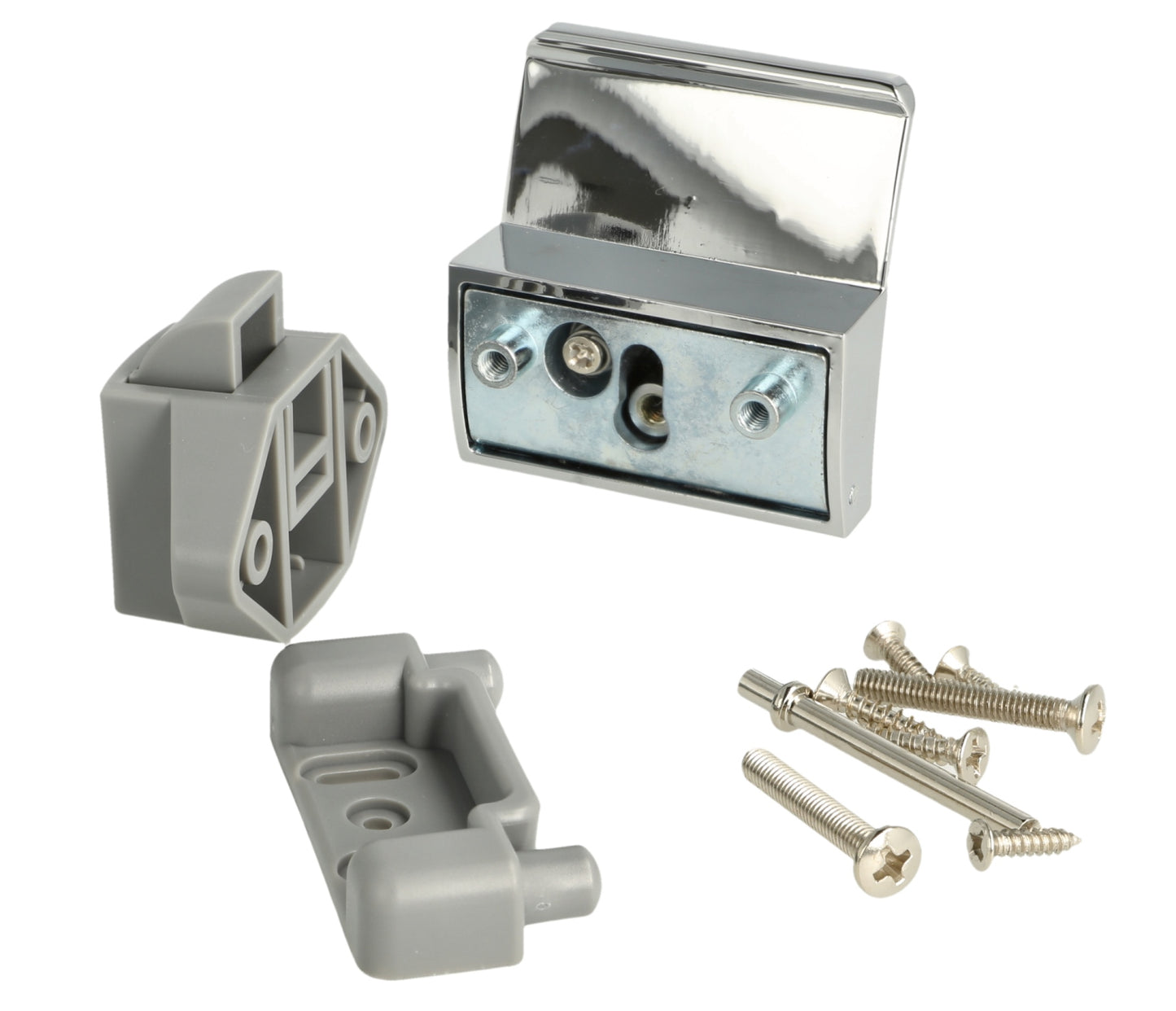 Robust snap lock with lifting handle, made of Zamak, surface: chrome-plated, design: square, 14.03.075-0. Lifting handle with self-locking lock and soft-close for caravans, yachts, and much more, from SISO Denmark