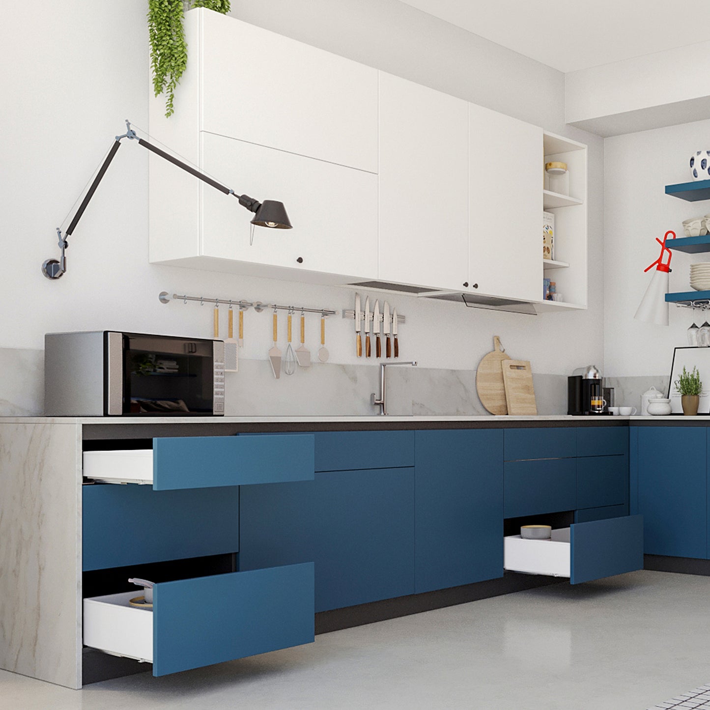 Ensemble de tiroirs à côtés extra-fins, hauteur : 88 mm, blanc, profondeur : 300 mm (11-13/16″), extension totale avec système de fermeture amortie, référence 3275012 pour meubles de cuisine