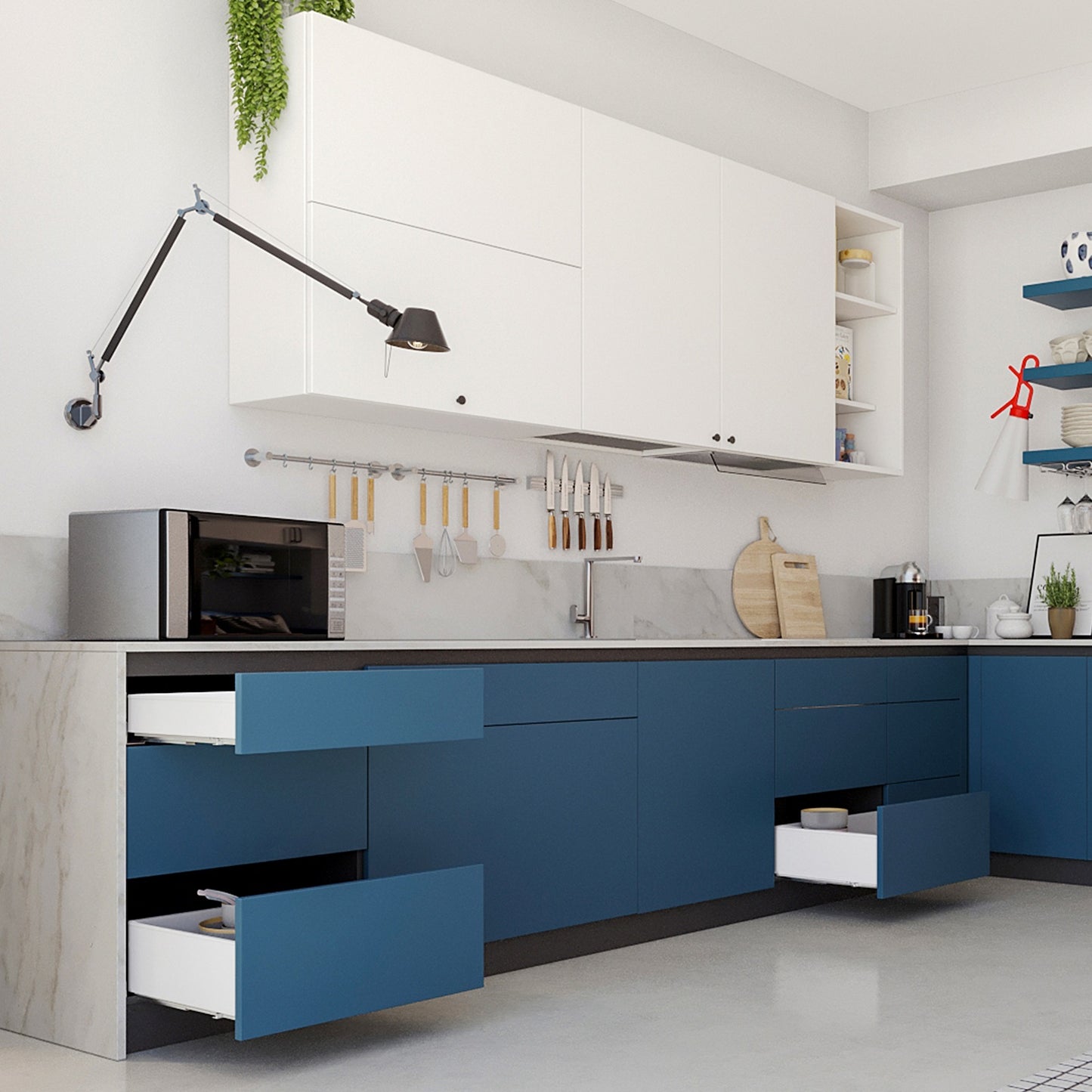 Ensemble de tiroirs à côtés extra-fins, hauteur : 88 mm, blanc, profondeur : 440 mm (17-21/64″), extension totale avec système de fermeture amortie, référence 3275312 pour meubles de cuisine