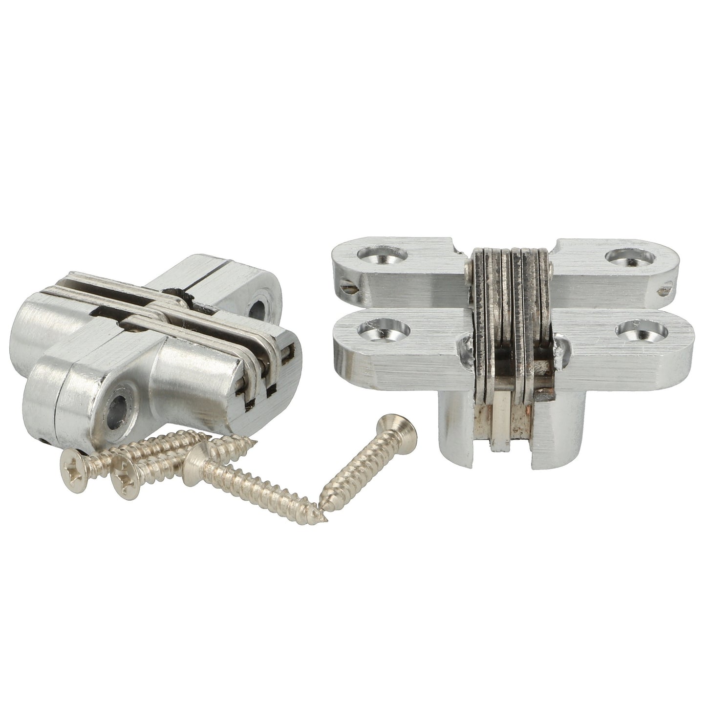 Two high-quality invisible cross hinges, 45 x 13 mm, made of Zamak, with a stainless steel look, including screws. Concealed furniture hinge from UMAXO®, folds 180°. Hidden furniture hinge (vici hinge) for recessed installation.