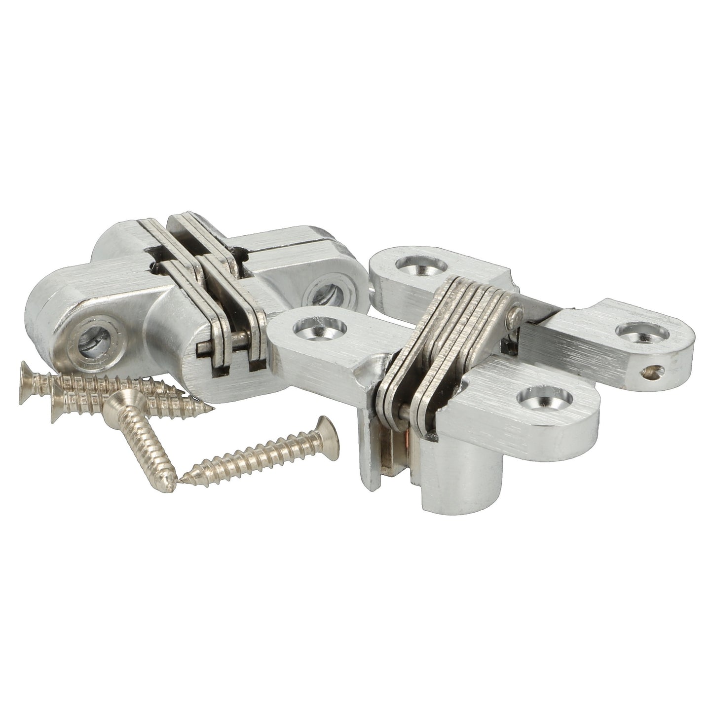 Two high-quality invisible cross hinges, 45 x 13 mm, made of Zamak, with a stainless steel look, including screws. Concealed furniture hinge from UMAXO®, folds 180°. Hidden furniture hinge (vici hinge) for recessed installation.