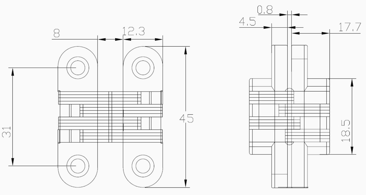 Two high-quality invisible cross hinges, 45 x 13 mm, made of Zamak, with a stainless steel look, including screws. Concealed furniture hinge from UMAXO®, folds 180°. Hidden furniture hinge (vici hinge) for recessed installation.