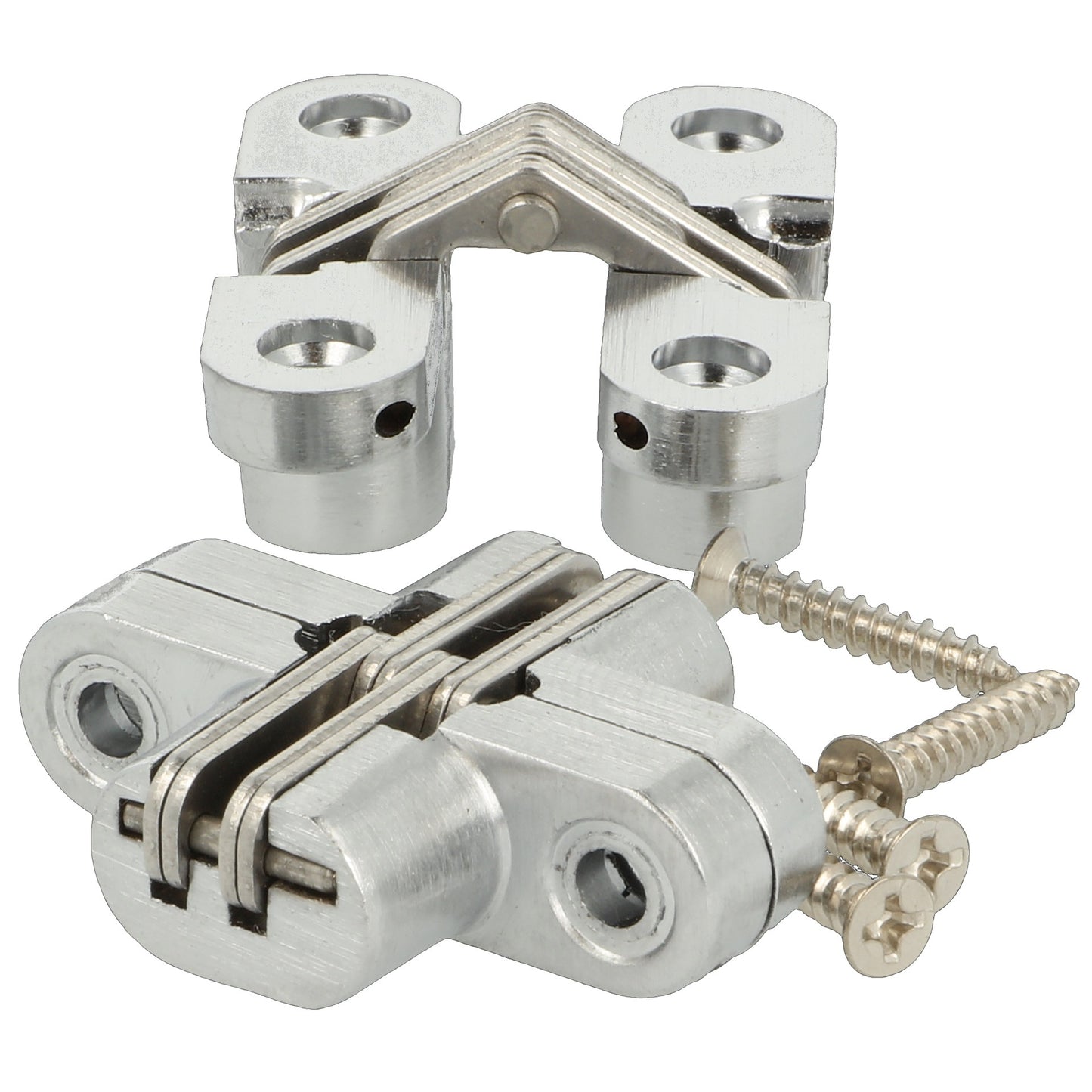 Two high-quality invisible cross hinges, 45 x 13 mm, made of Zamak, with a stainless steel look, including screws. Concealed furniture hinge from UMAXO®, folds 180°. Hidden furniture hinge (vici hinge) for recessed installation.