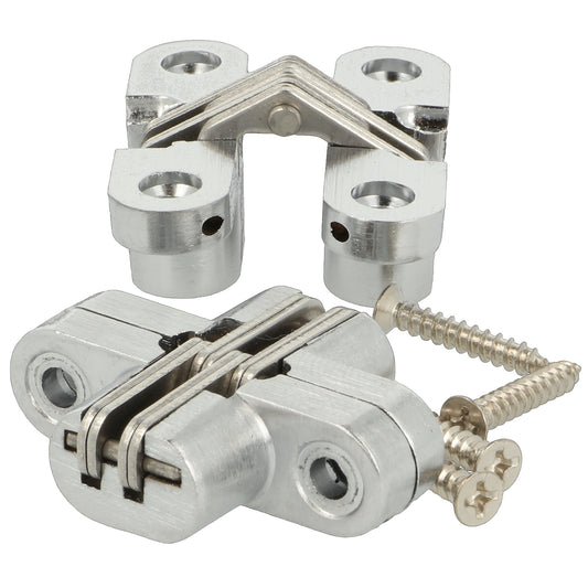 2 pièces de charnières croisées invisibles de haute qualité 45 x 13 mm en Zamak, aspect acier inoxydable, vis incluses. Charnière de meuble dissimulée UMAXO®, pliable à 180°. Charnière de meuble cachée (charnière Vici) pour encastrement