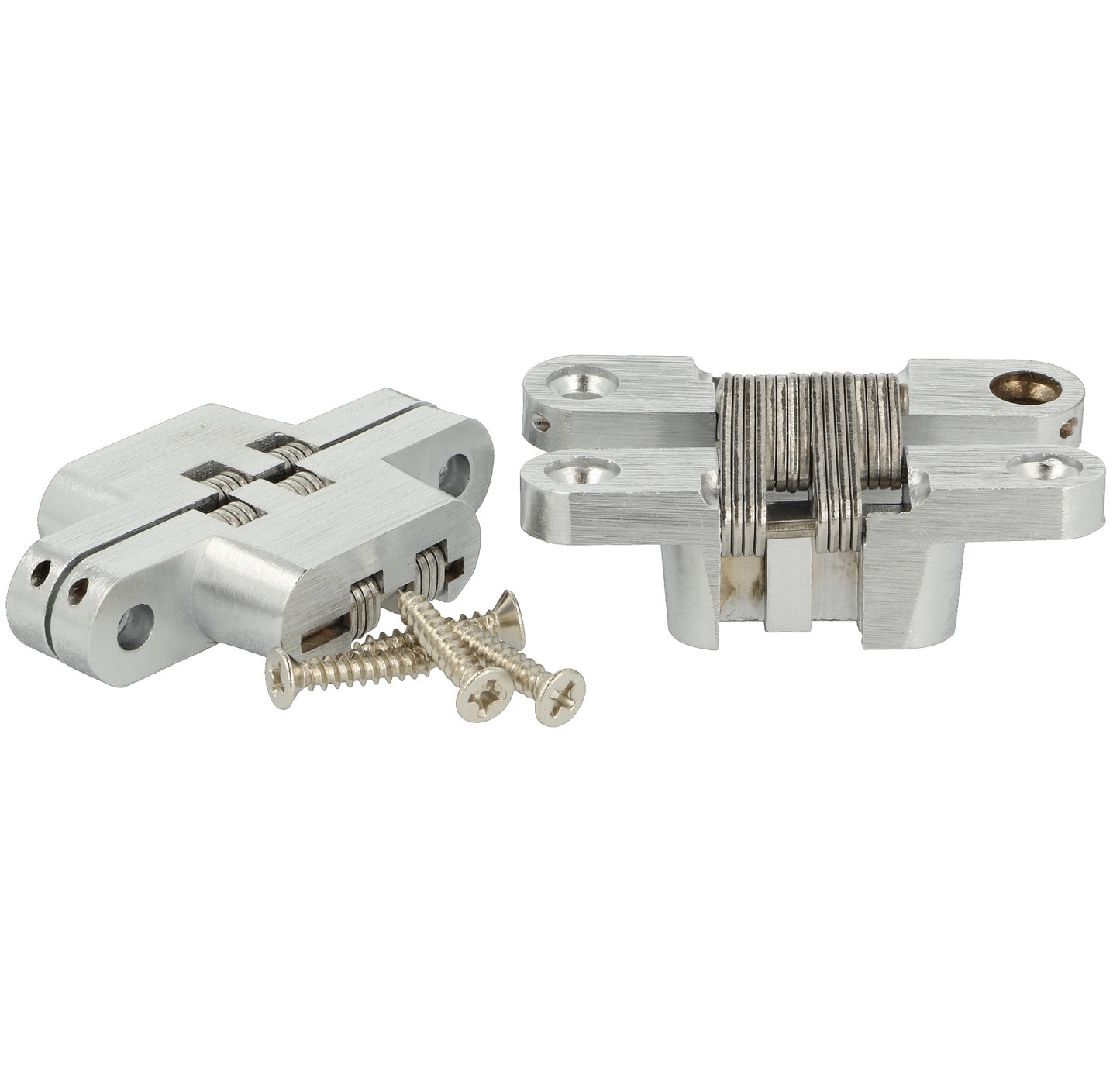 Two high-quality invisible cross hinges, 60 x 13 mm, made of Zamak, with a stainless steel look, including screws. Concealed furniture hinge from UMAXO®, folds 180°. Hidden furniture hinge (vici hinge) for recessed installation.