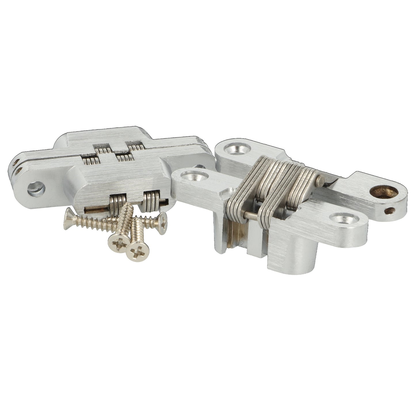 Two high-quality invisible cross hinges, 60 x 13 mm, made of Zamak, with a stainless steel look, including screws. Concealed furniture hinge from UMAXO®, folds 180°. Hidden furniture hinge (vici hinge) for recessed installation.