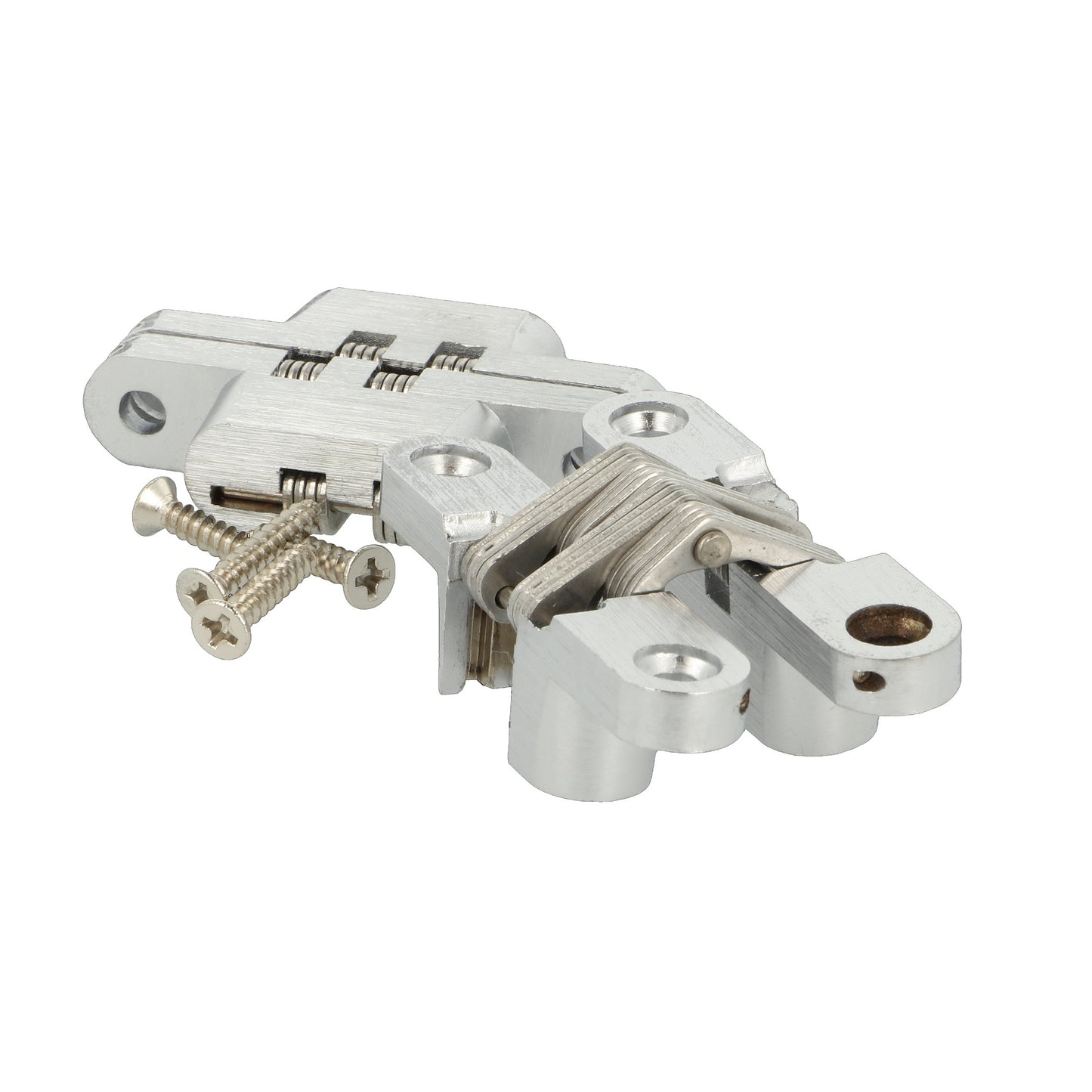 Two high-quality invisible cross hinges, 60 x 13 mm, made of Zamak, with a stainless steel look, including screws. Concealed furniture hinge from UMAXO®, folds 180°. Hidden furniture hinge (vici hinge) for recessed installation.