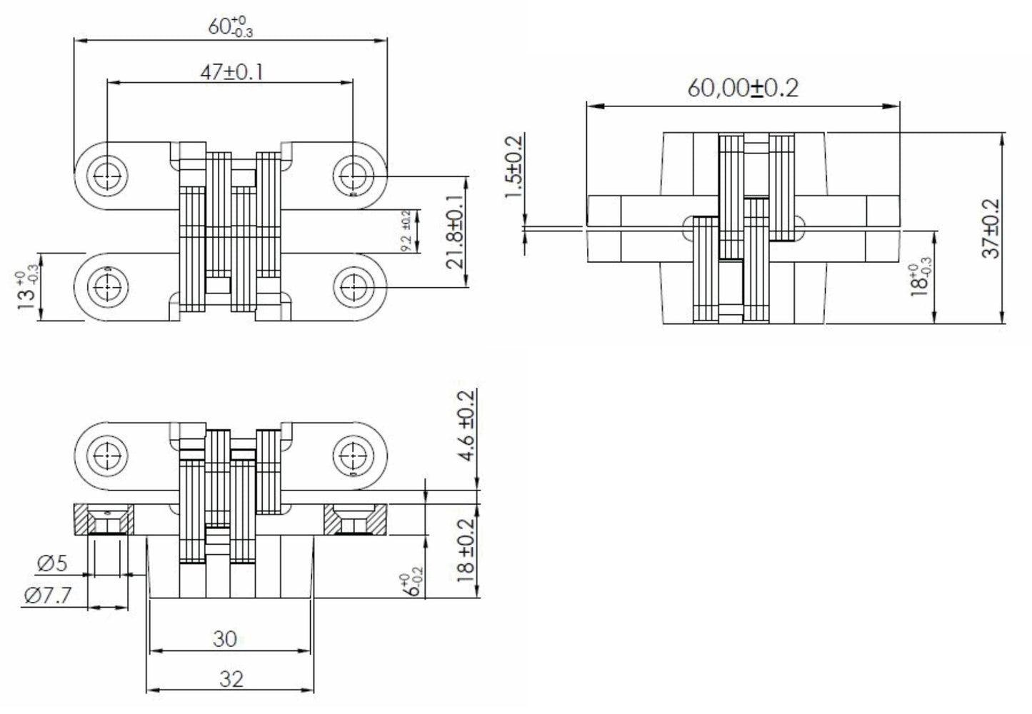 Two high-quality invisible cross hinges, 60 x 13 mm, made of Zamak, with a stainless steel look, including screws. Concealed furniture hinge from UMAXO®, folds 180°. Hidden furniture hinge (vici hinge) for recessed installation.