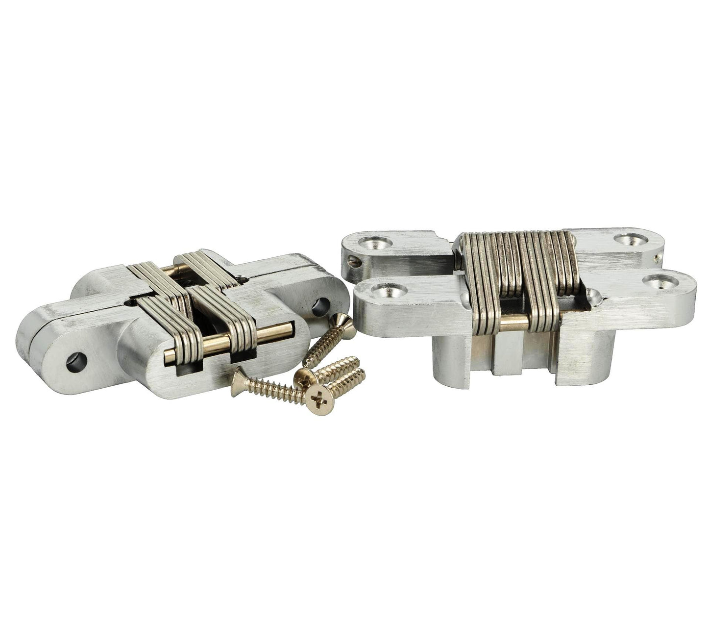 Two high-quality invisible cross hinges, 95 x 19 mm, made of Zamak, with a stainless steel look, including screws. Concealed furniture hinge from UMAXO®, folds 180°. Furniture hinge (vici hinge) for flush mounting.