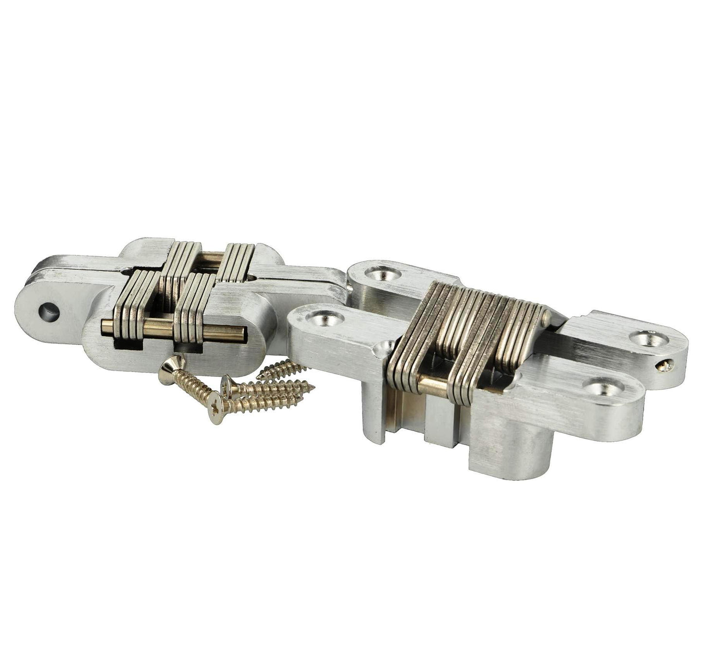 Two high-quality invisible cross hinges, 95 x 19 mm, made of Zamak, with a stainless steel look, including screws. Concealed furniture hinge from UMAXO®, folds 180°. Furniture hinge (vici hinge) for flush mounting.