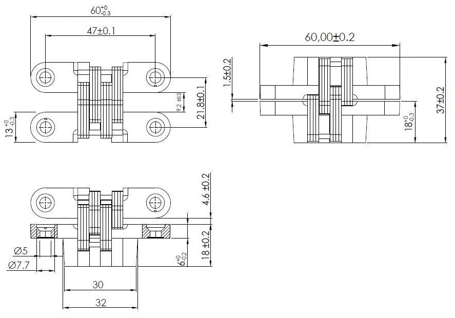 Two high-quality invisible cross hinges, 95 x 19 mm, made of Zamak, with a stainless steel look, including screws. Concealed furniture hinge from UMAXO®, folds 180°. Furniture hinge (vici hinge) for flush mounting.