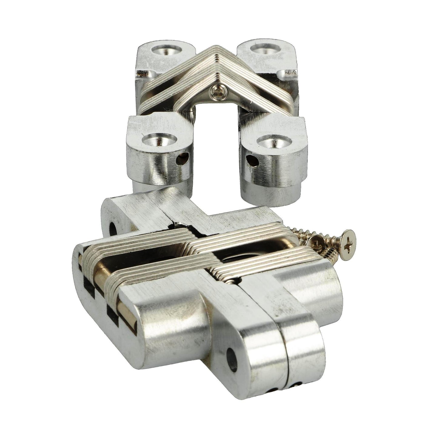 Two high-quality invisible cross hinges, 95 x 19 mm, made of Zamak, with a stainless steel look, including screws. Concealed furniture hinge from UMAXO®, folds 180°. Furniture hinge (vici hinge) for flush mounting.