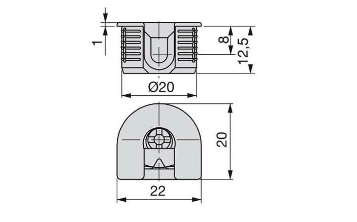 20 pieces of sturdy eccentric connection ⌀20 mm with flange and claw outer casing for panel thickness 16 mm (5/8″), made of Zamak, 8470907 for furniture connection